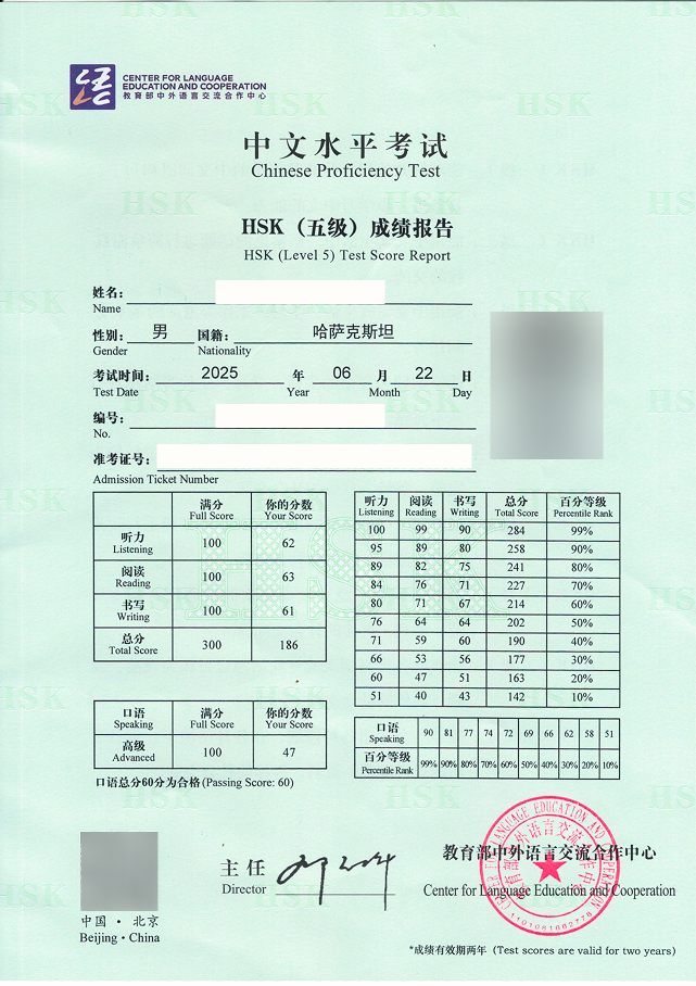 Real HSK Level 5 score report — total score 186 / 300